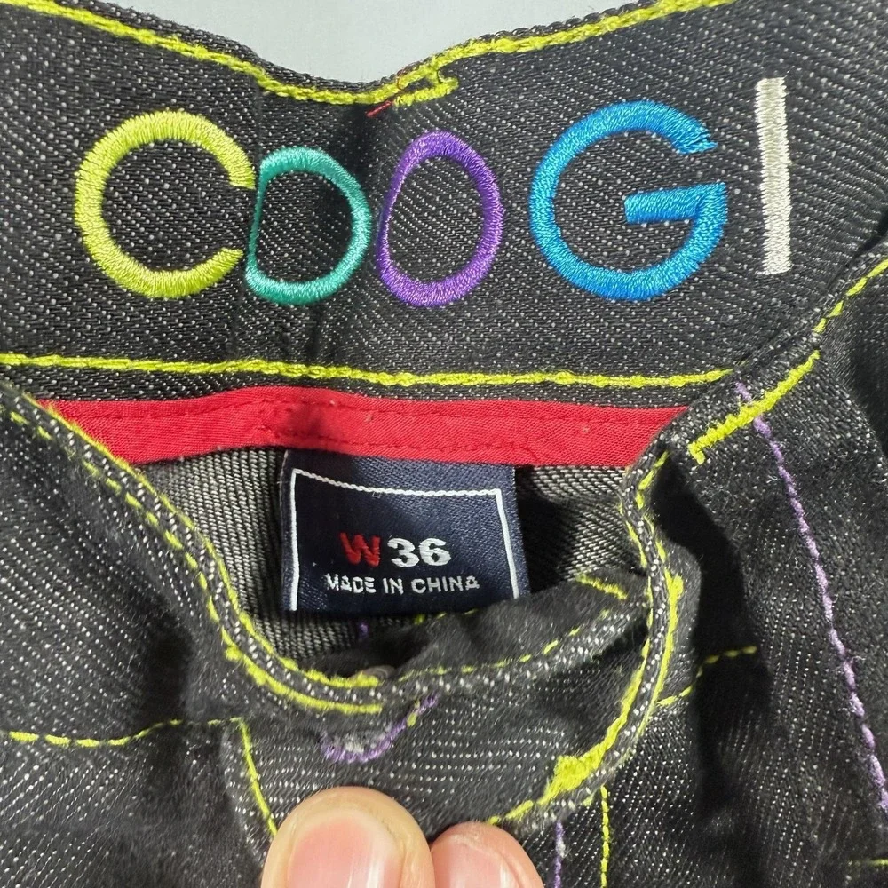Coogi Shorts Mens 36 Black Denim Bermuda Colorful Embroidered Feather Graphic